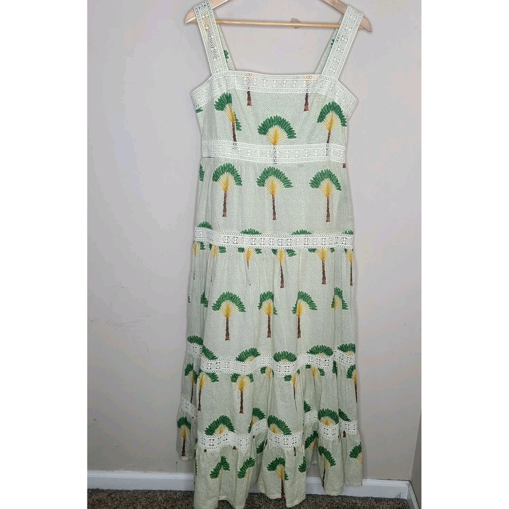 Calypso St. Barth M Maxi Tiered Palm Trees Cotton Dress Boho Coastal Resort Luxe
